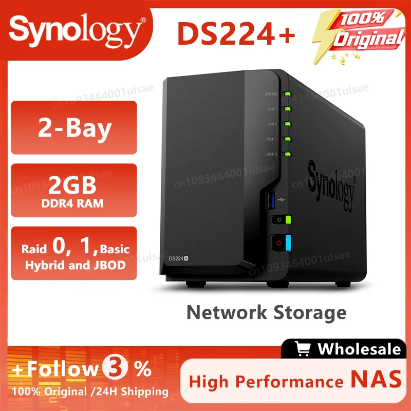 DS224+ 2-Bay 2GB NAS Enclosure 2GB DDR4 RAM RAID 0, 1, Basic, Hybrid, and JBOD 2 X Gigabit Ethernet Ports (Diskless)